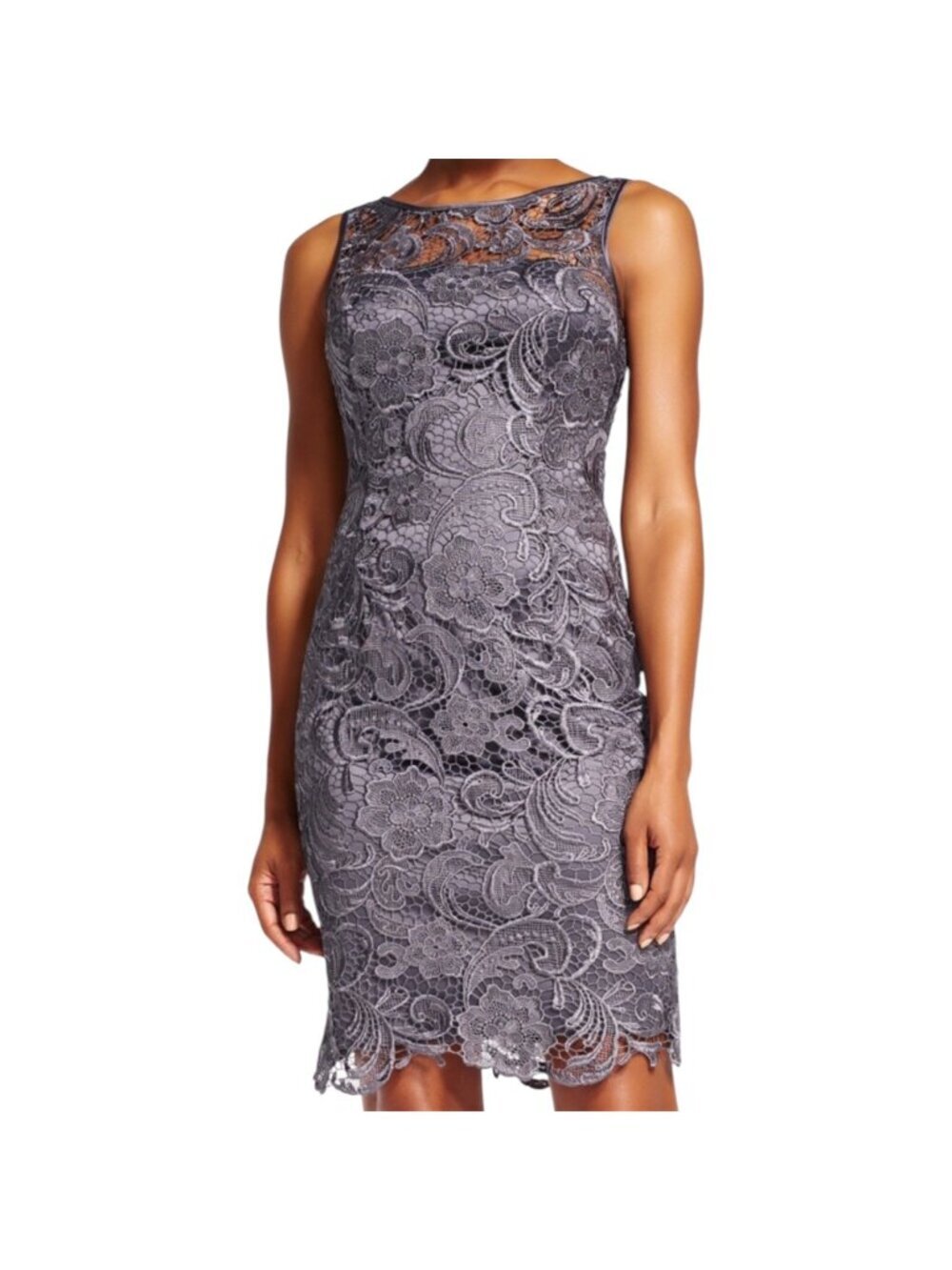 Adrianna Papell Women's Gray Lace Sheath Dress Sleeveless Floral Overlay Size 8